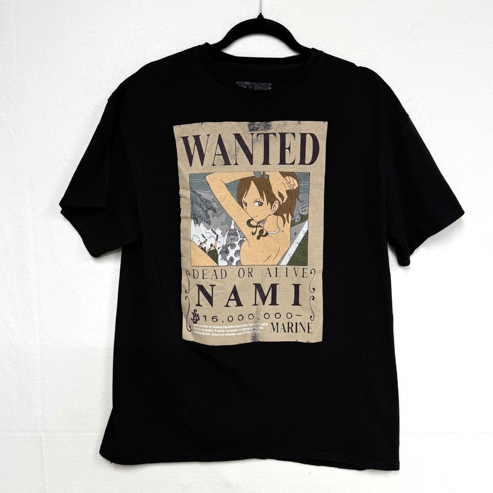 One Piece Anime Nami Wanted Poster Men's T-Shirt, Size Large Black with Graphic